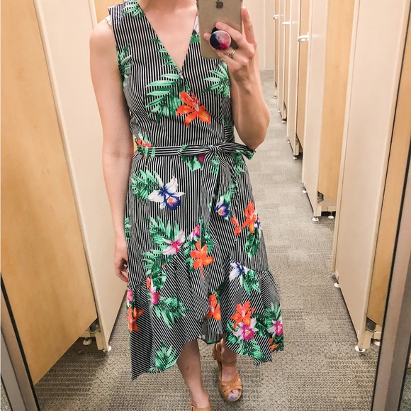 Who What Wear Dresses & Skirts - Striped floral sleeveless ruffle midi wrap dress by Who What Wear. Size: 2X.